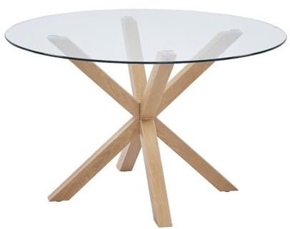 PRICE FACTORY just for you Table à Manger Alex – Ronde 120 cm – Plateau en Verre trempé et Pieds métal Effet Bois – Style Moderne