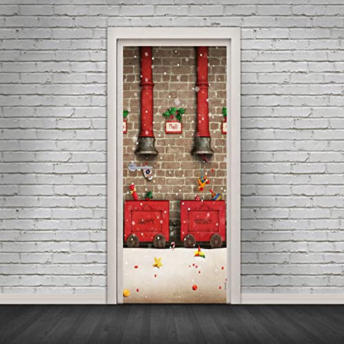 Türtapete Weihnachts-Kreativzug Selbstklebend Türposter 3D Türaufkleber Fototapete 3D Effekt Türfolie Wandtattoo Wandbild 90X200Cm Diy Wohnzimmer Schlafzimmer Büro Wohnkultur Dekoration