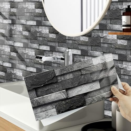 Hode Piastrelle Adesive Bagno Cucina Muro 12 Pezzi 15x30cm, 3d Mattoni Stile Paraschizzi Adesive per Parete PVC Impermeabile Autoadesivo (Grigio Scuro)