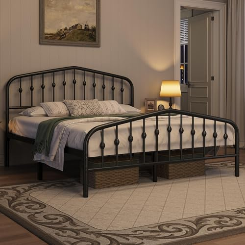 Yaheetech Sängram 160 x 200 cm, vintage metallsäng med kronformad sänggavel, stabil sängram enkelsäng av metall, robust och enkel montering gästsäng, ungdomssäng, dagssäng, svart