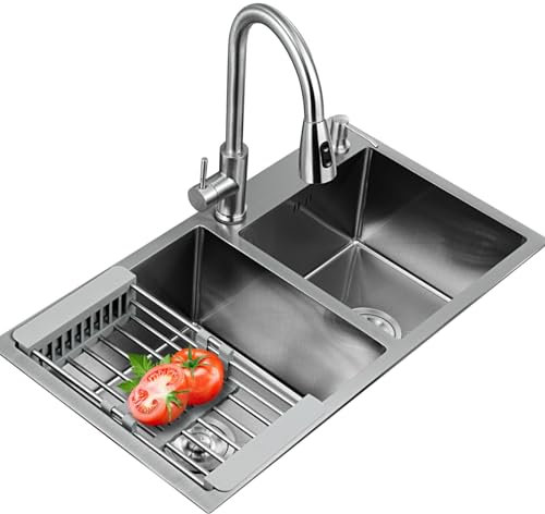 Lavatoio da incasso da cucina, Doppio lavatoio, in acciaio inossidabile, con dispenser di sapone, doppio lavello in acciaio inossidabile, Lavello cucina 2 vasche con gocciolatoio ( Size : 80*45*22cm )