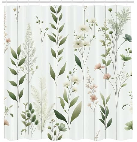 ABAKUHAUS Grün Duschvorhang, Modernes Bohemian Feel Nature Leaves und blühende Blumen modernes Cottagecore, Stoffliches Gewebe Badezimmerdekorationsset mit Haken, 175 x 200 cm, Off-White Mehrfarbig