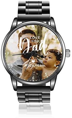 lorajewel Herrenuhren Personalisiert Name Datum Foto,Quarz Sport-Chronograph Mode Geschäft Wasserdicht Armbanduhren Betrachten Rostfreier Stahl Schwarz Für den Vatertag
