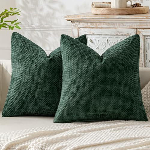 MIULEE 2er Kissenbezug Fransen Chenille Kissenbezüge Kissenhülle Sofakissen dekokissen zierkissen für Couch Sofa Wohnzimmer Dunkelgrün 45X45 cm