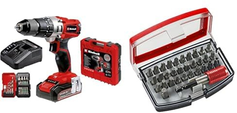 Einhell Taladro percutor con batería de 2,5Ah TE-CD 18/2 Li +22 (1x2,5 Ah) PXC (18 V, 44 Nm, cargador rápido, caja de puntas de 22 piezas y maletín) + Bit Box 32