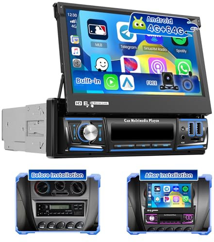 Hikity 4G+64G Autoradio 1 DIN Android 15 con Schermo Retrattile da 7 Pollici, Touch Screen IPS con Wireless CarPlay Android Auto GPS WiFi AI DSP Radio FM/RDS USB BT Retrocamera + MIC