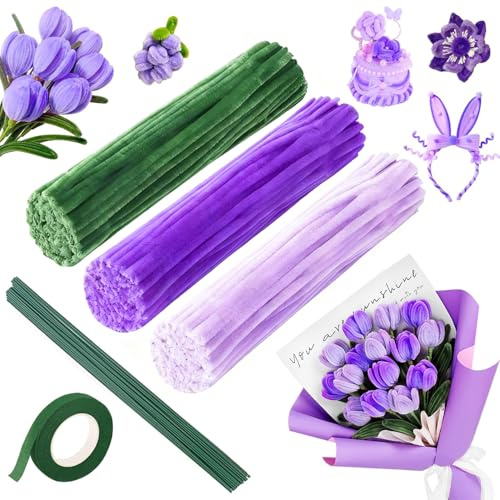 300 Stück Pfeifenreiniger Blumen Set, 20 Stück Grün Basteldraht, Klebeband | Pfeifenreiniger zum Basteln, Violett Tulpe Blumenstrauß Pfeifenputzer, Biegeplüsch 30cm Pfeifendraht zum Basteln