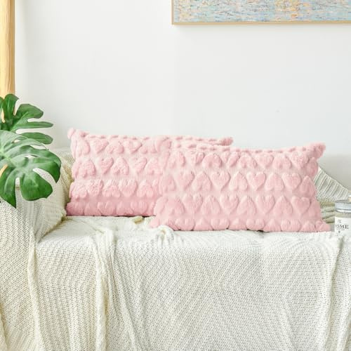 Artoid Mode Rosa Weich Künstliche Pelz Jacquard Herz Kissenbezüge 2er Set, 30x50 cm Plüsch Samt Sofakissen Zierkissenbezug Schlafzimmer Deko