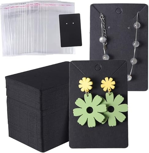100 Stück Ohrring Display Card Set, Halskette Display Karten, enthält 50 Kraft Ohrring Halter Karten, 50 Selbstklebende Dichtung Aufbewahrungstaschen für Geschenk machen DIY Ohrstöpfe (schwarz)