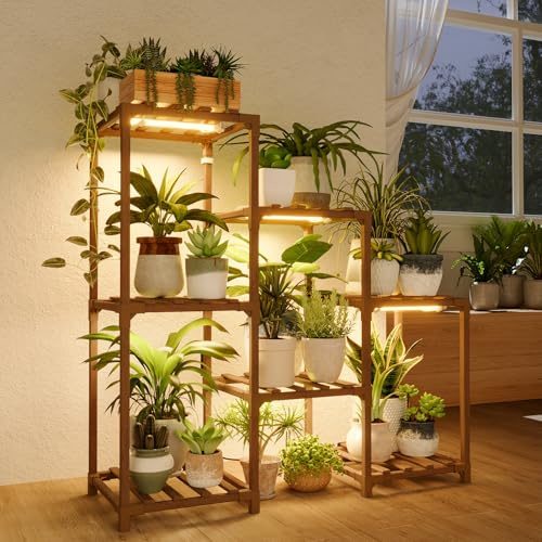Bamworld Soporte para Plantas de Interior, Estante de Madera para Exterior para Múltiples Plantas, Soporte Escalera de 3 Niveles, 7 Escaleras, Patio (A-Escalera con Luz)