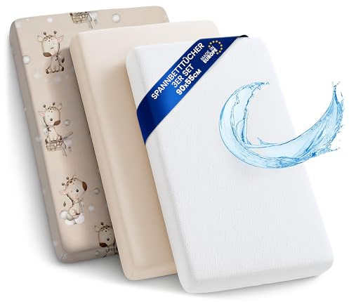 Barnvagnslakan barn resårslakan 3-pack: Set om 3: 55x90 cm- 2x lakan + 1x vattentätt madrasskydd - Spjälsängstillbehör för barnsäng, sidovagn babysäng 55 x 90