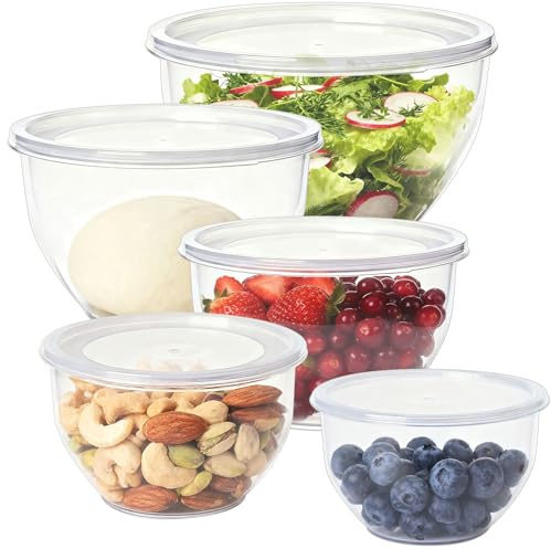 Juego de 5 Cuencos Plástico para Mezclar con Tapas, 0.8L-4.7L, Apilables y Anidables, Sin BPA, Apto Lavavajillas y Microondas, para Frigorífico y Congelador, Multiusos Cocina（transparente）