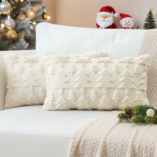 JOTOM Christmas Cushion Covers 40x60cm Set of 2 Christmas Tree Winter Holiday Decorative Throw Pillow Covers Soft Plush Faux Fur Pillow Case for Home Bed Couch Sofa Decor (Cream Beige)