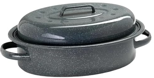 Prochef Round Enamel Casserole Roaster, Grey, 39.1x24.7x15.2 cm, 4L Capacity, with Lid, Dishwasher and Oven Safe, Enamel Coated Steel