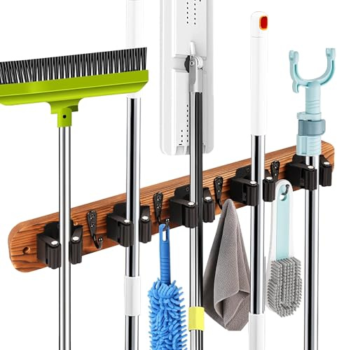 ZHABAYEN Broom Holder Wall Mounted, Broom Storage with 5 Holders & 4 Hooks | Wood Mop Hanger for Closet, Garage, Laundry, Kitchen, Space-saving Storage Decor