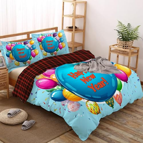 CEDNXOER Fêtes Célébrations Housse de Couette 200x200cm, Parure de Lit de Motif Bonne Année Ballons Réversible Housse Couette 2 Personnes, 2 Taies d'oreiller 65x65 cm avec Fermeture Éclair