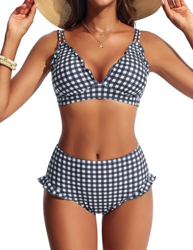Hanna Nikole Women Bikini Set Sexy 2 Piece Swimsuit Cute Bathing Suit Removable Padded Swimwear Black White Plaid M