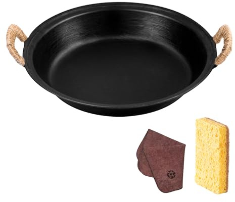 WANGYUANJI Gusseisen Grillpfanne 36cm – Traditionelle Servierpfanne ohne Beschichtung mit zwei Griffen – Für Induktion, Gas, Backofen & Outdoor Camping – Ideal für Steaks & Paella – Langlebig & Robust