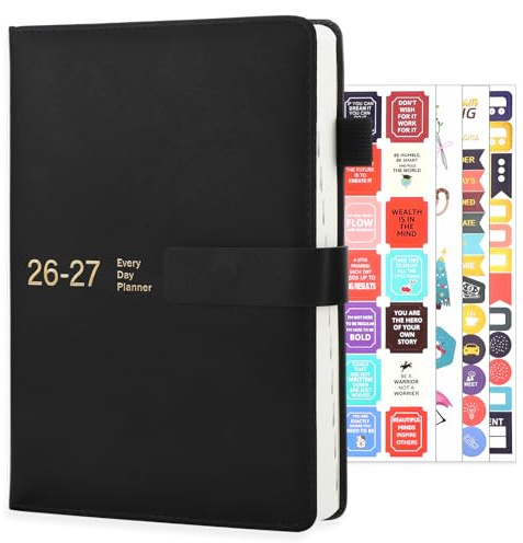 Thboxes Academic Diary 2026-2027 A5 Page A Day, July 2026-July 2027, Black | PU Leather Cover, Magnetic Closure, Thick Paper, with Pen Loop & Inner Pocket, 4 Stickers, 21 x 14cm, for Study or Work