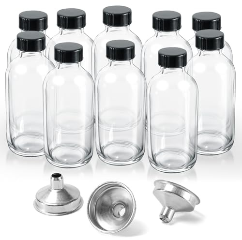 Loppdece 10 botellas de cristal de 120 ml con tapa, pequeñas botellas para llenar de vidrio, mini frascos de cristal con embudo de acero inoxidable, transparentes para jengibre, aceite, zumo