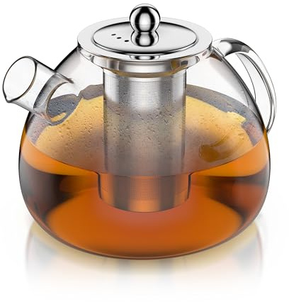 Arendo - Teekanne Glas mit Sieb - 1500 ml – aus Borosilikatglas – mit Edelstahlsieb – feinmaschig – hitzebeständig – Glasteekanne – für losen Tee Kräutertee Früchtetee – Teekocher – langlebig – feinma