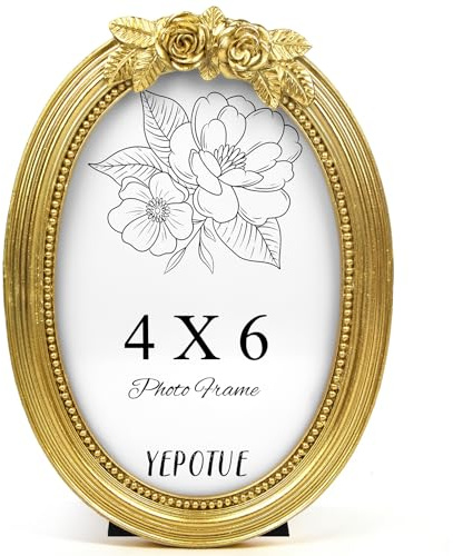 YEPOTUE 4x6 Vintage Gold Oval Picture Frame, Ornate Photo Frame with Rose Floral Top, Elegant Picture Frame for for Wall or Tabletop Display, Gift ldeas for Home Decor