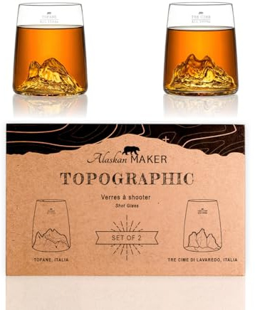 Alaskan MAKER Coffret de 2 shooters 6.5 cl - Verres Cristallin de qualité supérieure soufflés artisanalement avec les montagnes en relief | Forme Tulipe | TOPOGRAPHIC (Tofane & Tre Cime di Lavaredo)