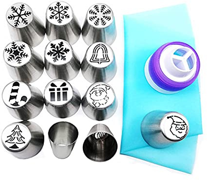 Russian Piping Tips Set for Icing Nozzles and Converter, Snowflake Santa Pattern Icing Nozzle Tool for Decorating Cakes, Cupcakes, Pastry, 15