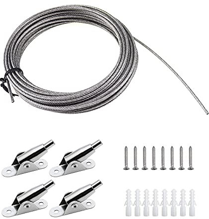 PLCatis Edelstahl Draht Seil 12 Meter Vorhang Seilspanngarnitur Seilspannsystem Stahlseil Ummantelt 2mm Edelstahlseil Gardinenseil mit 4 Montage für Hängende Vorhänge Duschvorhänge Fotos