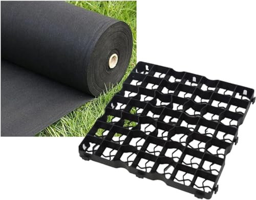 FXDM MEMBRANE INCLUDED - Gravel/Grass Grid Paver Path Base Mat FOR Greenhouse Deck Turf Lawn Shed Garden (24 Grids = 6m²), Black