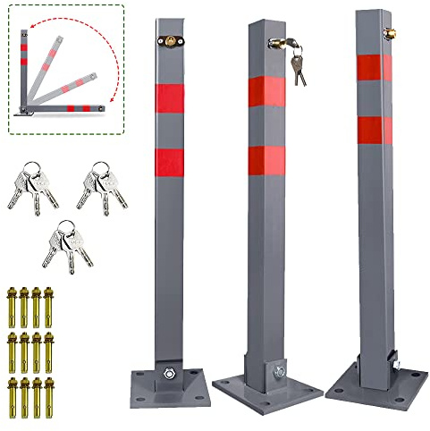 Ansobea 3x Parkpfosten mit 3 Schlüssel klappbar Absperrpfosten, Stahl Parkplatzsperre Parkplatzsperren mit Reflexstreifen, Robust Standfuß Sperrpfosten Set