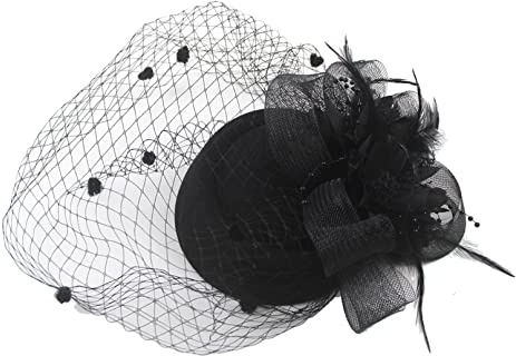 Kvinnors fascinatorhatt, slöja fjäder hårklämma, vintage blomma nät pannband för bröllop cocktail te fest kväll fest, Svart, one size-M