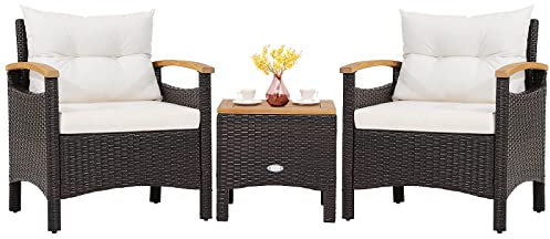 COSTWAY 3tlg. Rattan Gartenmöbel Set, Rattanmöbel mit 2 Sessel & 1 Beistelltisch, Gartenset mit Akazienholzplatte & Sitzkissen, Polyrattan Gartenlounge, Gartengarnitur Sitzgruppe Sitzgarnitur (Weiß)