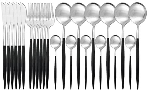 Couverts Ensembles Ensemble De Vaisselle En Acier Inoxydable Couteau Mat Fourchette Cuillère Service De Table 24 Pièces Noir Argent