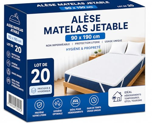 Alèse Matelas Jetable 90x190 cm – Lot de 20 Protèges Matelas – Lit 1 Place – Housse Non Imperméable – Protection Literie à Usage Unique – Idéal Courts Séjours, Gîtes & Hébergement Temporaire