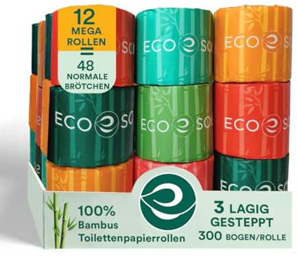 Eco Soul Bamboo Toilet Roll 12 Pack of 3 Ply Toilet Paper 300 Sheets per Roll | Compostable - FSC Certified Soft & Strong Sustainable Loo Roll Eco-Friendly Septic Safe Organic Bath Tissues