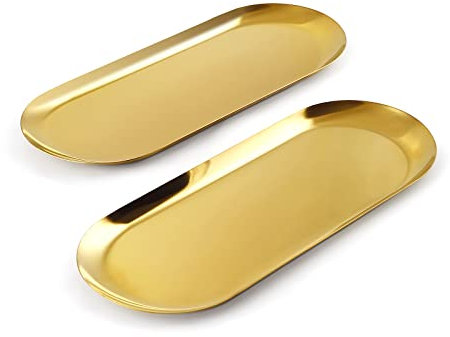 Bandeja de Plato Dorado, 2 Piezas Bandeja de Almacenamiento Ovalada de Acero Inoxidable, Plato Organizador de Cosméticos, Bandeja para Postre, Joyas, Velas- 30 x 12 cm