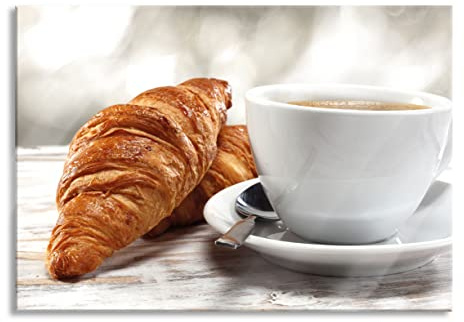 Pixxprint Quadro da parete in vetro vero cornetto fresco e caffè, 60 x 40 cm, con sospensione e distanziatore