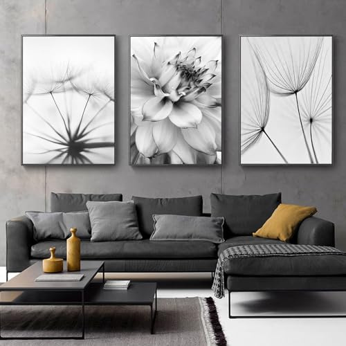 IGTOPS 3er Wanddeko Poster, Modern Wandbilder, Schwarz Weiß Wanddeko Bilder, Kunstdruck Leinwand Poster für Wohnzimmer Schlafzimmer, Ohne Rahmen (50 x 70 cm, Blume & Löwenzahn)