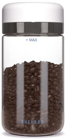 SHELBRU Smart Coffee Container & Food Storage w/Electric Vacuum Seal, Airtight Coffee Canister for Whole & Ground Bean Storage, Durable Borosilicate Glass Jar, Charging Cable Included, 10.5oz / 250g