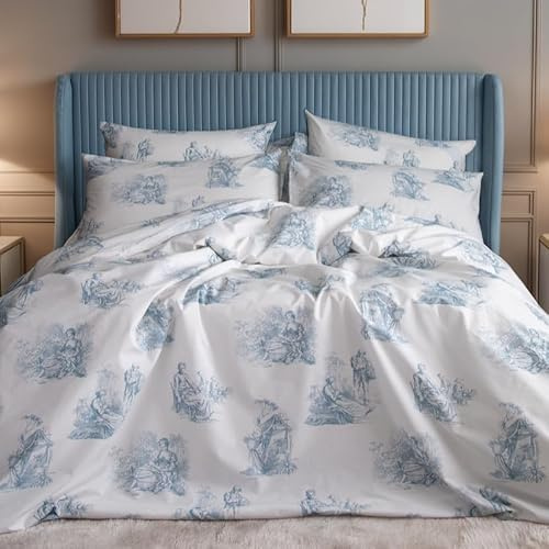 LERUUM King Size Cotton Duvet Cover Toile De Jouy Bedding Set Light Blue White Aesthetic Quilt Cover Bed Set 200TC BCI with 2 Pillowcases (King Size)