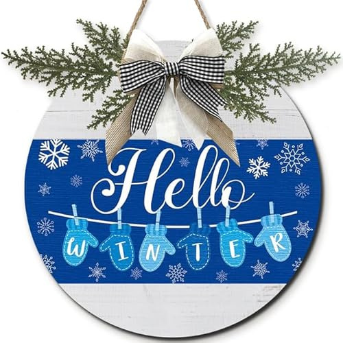 Horienteeon Hello Winter Schild für Haustür-Dekoration, blauer Winter-Willkommens-Bauernhaus-Türhänger mit Schleife für drinnen und draußen, Veranda, rustikale Schneeflocken, Holzkranz, hängende