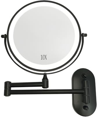 Yarhom Kosmetik-Vergrößerungsspiegel mit LED-Leuchten, 1-fach/10-facher doppelseitiger Vergrößerung, wiederaufladbarer Badezimmer-Wandspiegel für Make-up-Rasur (Schwarz,10X Vergrößerung)