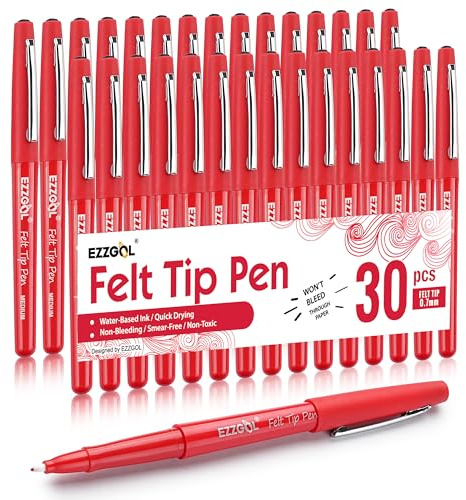 Ezzgol Red Felt Tip Pens, 30 Pack, 0.7mm Premium Medium Fine Point, Felt Tip Markers For Writing, Journal, Planner Coloring, Note Taking, Drawing, Art, School