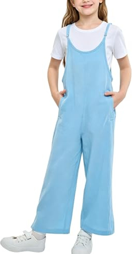 Rolanko Tuta Senza Maniche da Ragazza, Tuta con Bretelle Regolabili e Tasche per Bambini, Blu, 10-11 anni, 150