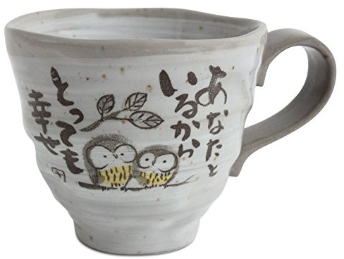 Mino ware KSM104 - Taza de cerámica japonesa Peaceful Time Series con poema Kanji gris, fabricada en Japón (importación de Japón) KSM104 (búho)