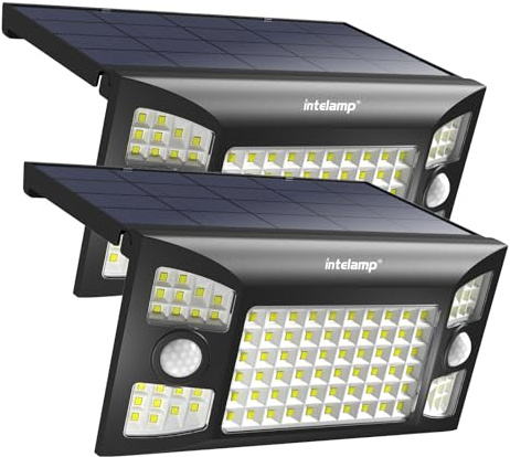 INTELAMP Solarlampen für Außen mit Bewegungsmelder, 2 Stück 1300LM Superhelle Solarlampe Außen Zwei Bewegungsmelder,180°3 Modi Solar Wandleuchte IP65 Wasserdichte für Garten Garage Wand Pathway