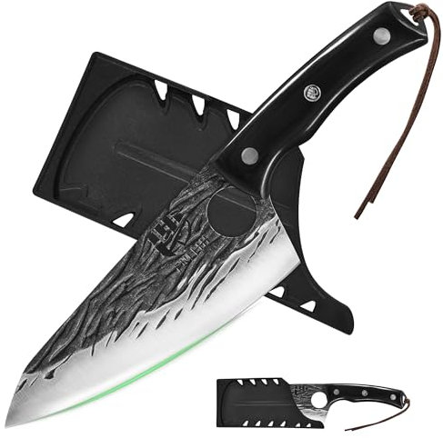 FULLHI 2pcs Coltello da macellaio con fodero, coltello da cuoco serbo Tang, coltello da verdure con mannaia in acciaio al carbonio per esterno, campeggio (Nero, Coltello da cuoco giapponese)
