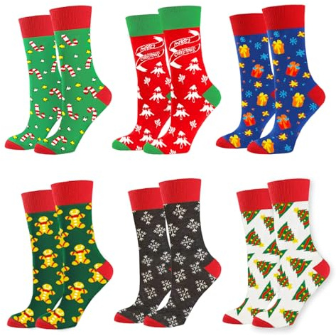 EpoBob 6 Paar Weihnachtssocken für Männer, Herren-Weihnachtssocken Größe 39-46, Herren Winter Xmas Funny Crew Socken, Weihnachtsbaum, Süßigkeiten
