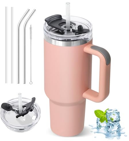 ZAKVOP Borraccia Termica con Cannuccia, 1200ml Tazza con Coperchio Multifunzione e Maniglia, Mug Tumbler Cup da Viaggio (Rosa)